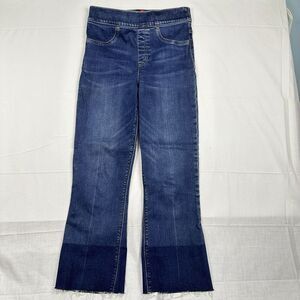Spanx Sz M Jean-ish Cropped Flare High Waisted Blue Denim Ombre Raw Hem‎ Pull On